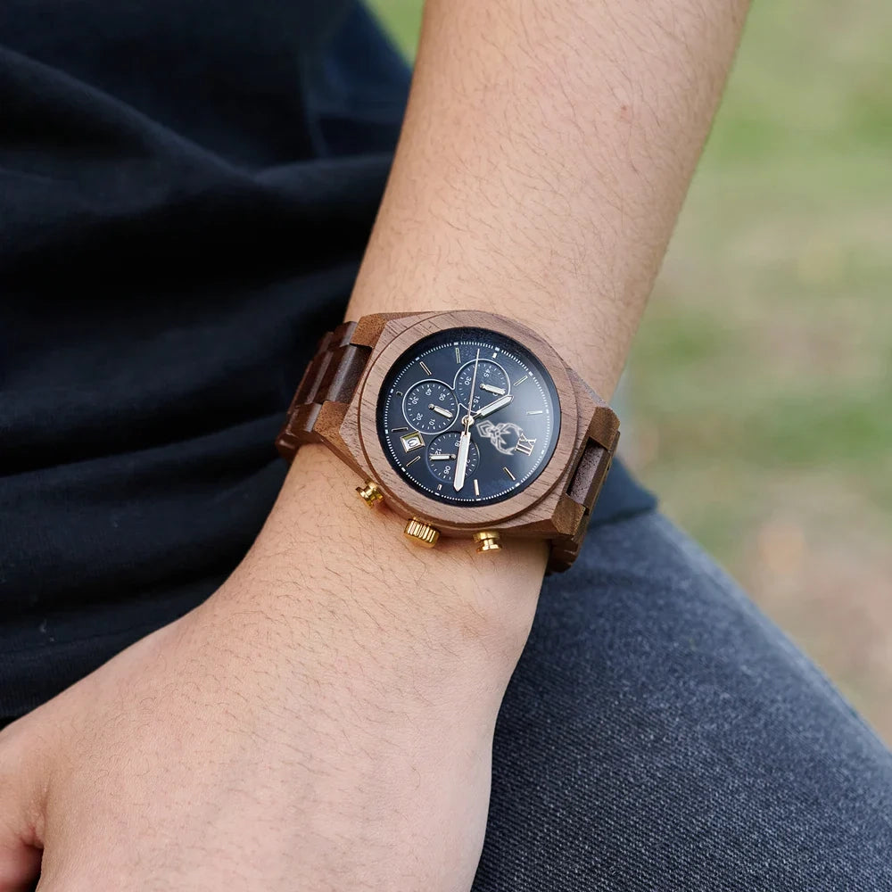 BUCK Fashion Men's Watches Wooden Wristwatch Japanese Quartz Movement 2025 New Clock