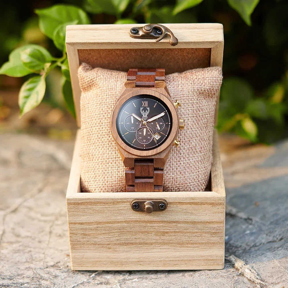 BUCK Fashion Men's Watches Wooden Wristwatch Japanese Quartz Movement 2025 New Clock