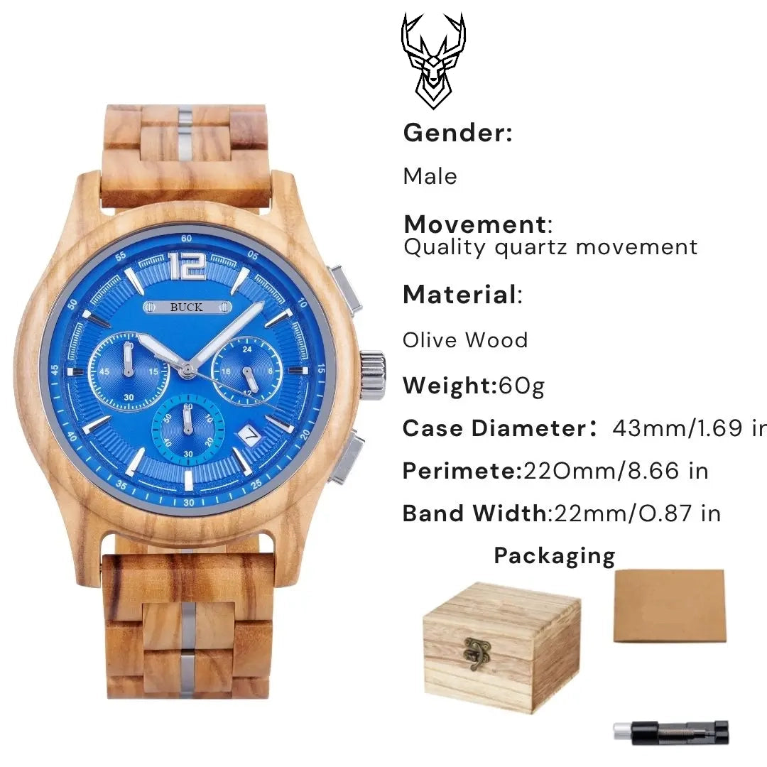 BUCK Men's Wooden Watch Quartz Luxury Wristwatch Clock Eco-Friendly Natural Wood Timepiece Gift for Him