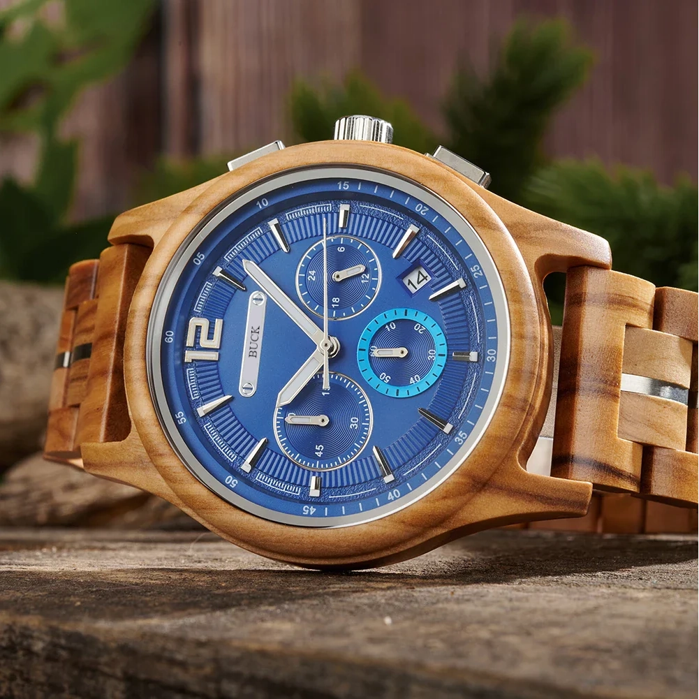 BUCK Men's Wooden Watch Quartz Luxury Wristwatch Clock Eco-Friendly Natural Wood Timepiece Gift for Him