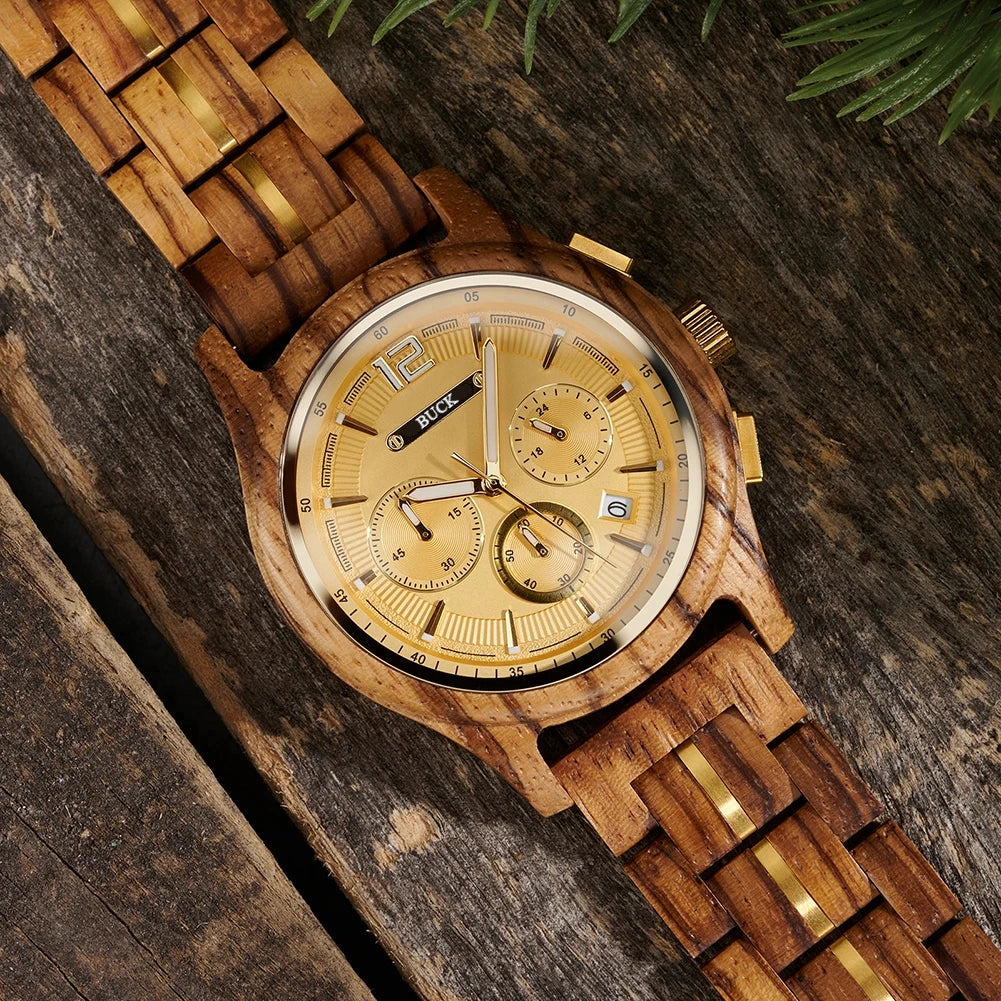 BUCK Men's Wooden Watch Quartz Luxury Wristwatch Clock Eco-Friendly Natural Wood Timepiece Gift for Him