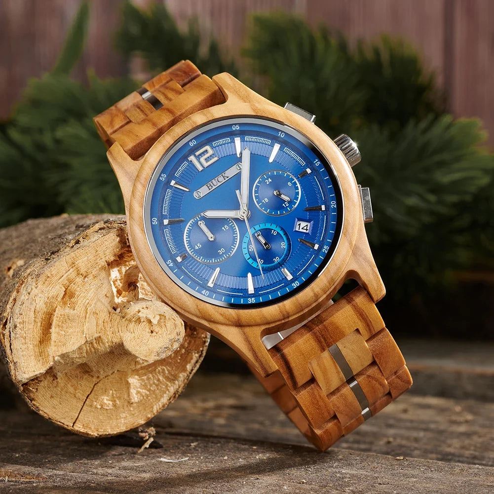 BUCK Men's Wooden Watch Quartz Luxury Wristwatch Clock Eco-Friendly Natural Wood Timepiece Gift for Him