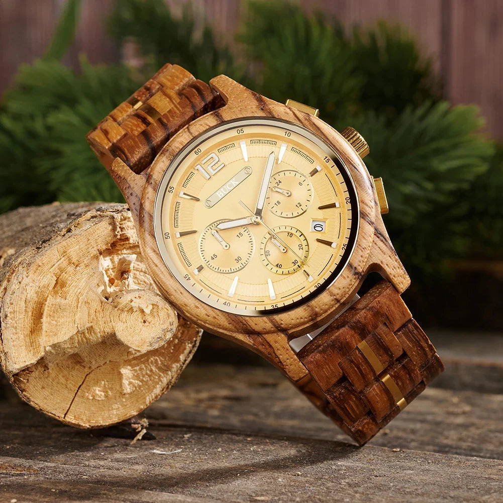 BUCK Men's Wooden Watch Quartz Luxury Wristwatch Clock Eco-Friendly Natural Wood Timepiece Gift for Him