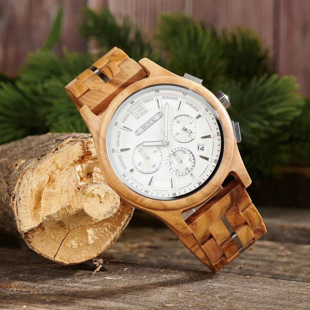 BUCK Men's Wooden Watch Quartz Luxury Wristwatch Clock Eco-Friendly Natural Wood Timepiece Gift for Him