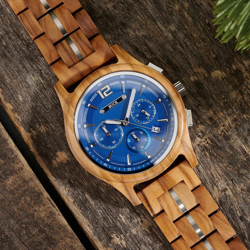 BUCK Men's Wooden Watch Quartz Luxury Wristwatch Clock Eco-Friendly Natural Wood Timepiece Gift for Him