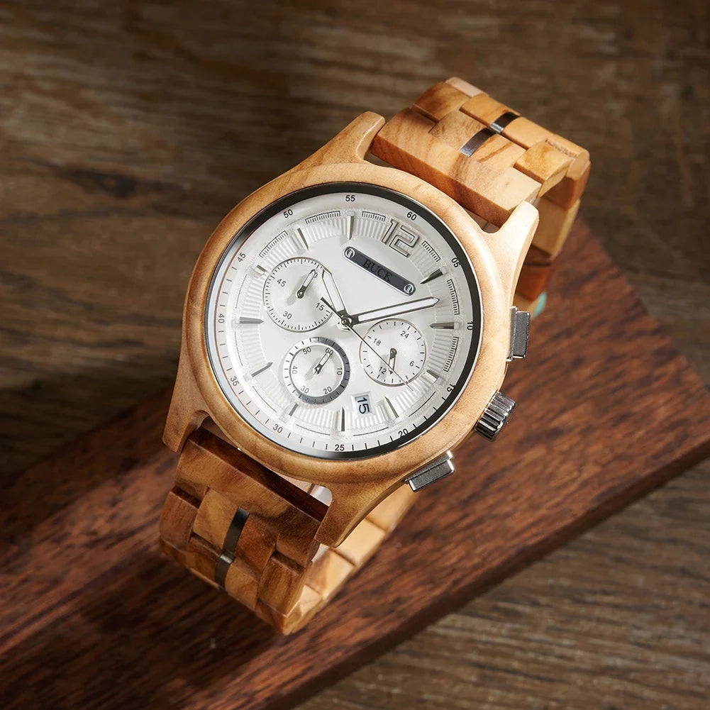 BUCK Men's Wooden Watch Quartz Luxury Wristwatch Clock Eco-Friendly Natural Wood Timepiece Gift for Him