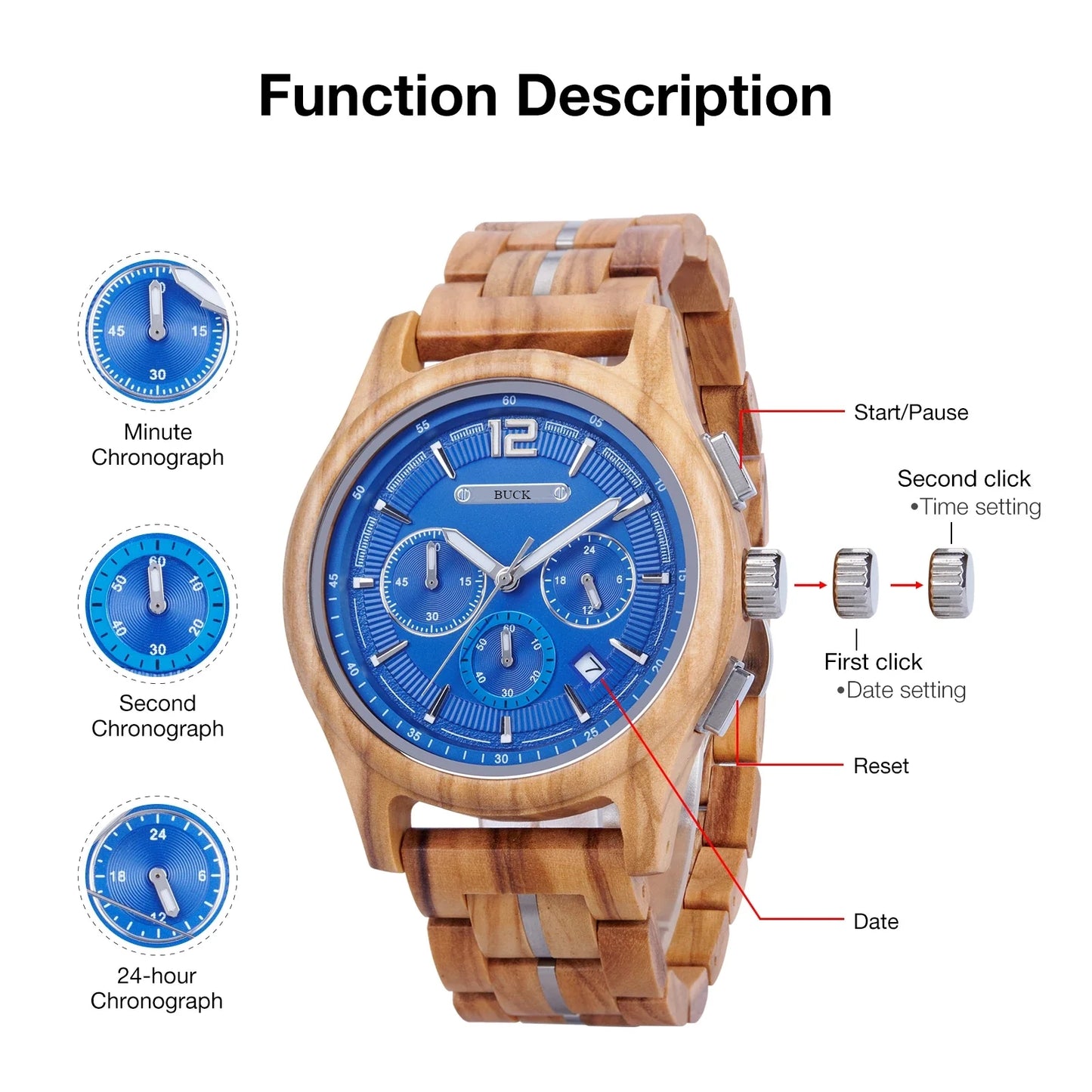BUCK Men's Wooden Watch Quartz Luxury Wristwatch Clock Eco-Friendly Natural Wood Timepiece Gift for Him