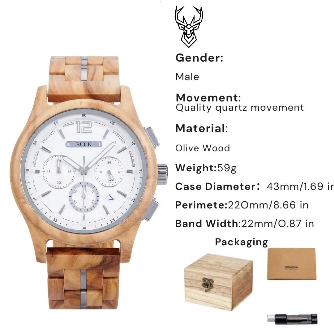 BUCK Men's Wooden Watch Quartz Luxury Wristwatch Clock Eco-Friendly Natural Wood Timepiece Gift for Him
