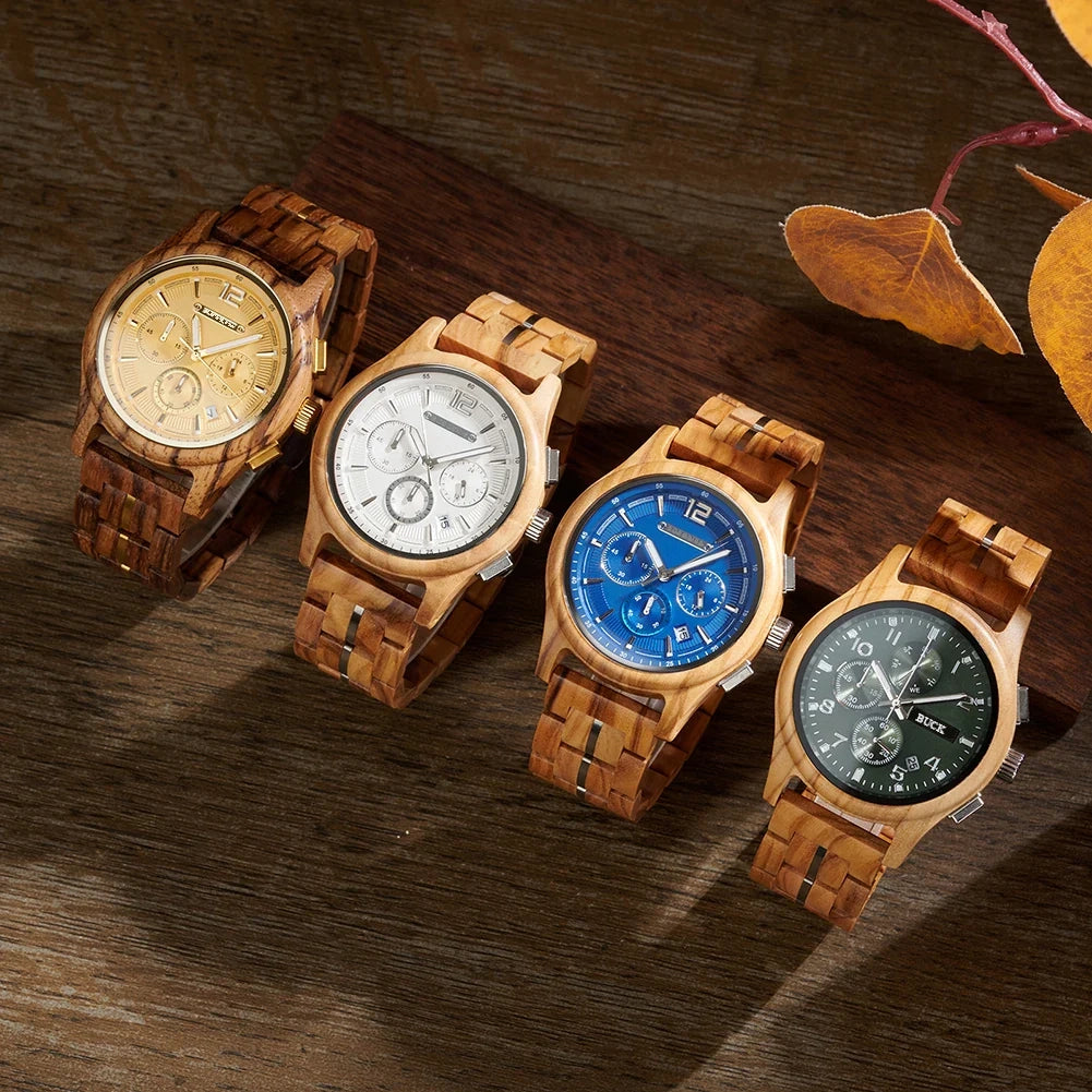 BUCK Men's Wooden Watch Quartz Luxury Wristwatch Clock Eco-Friendly Natural Wood Timepiece Gift for Him