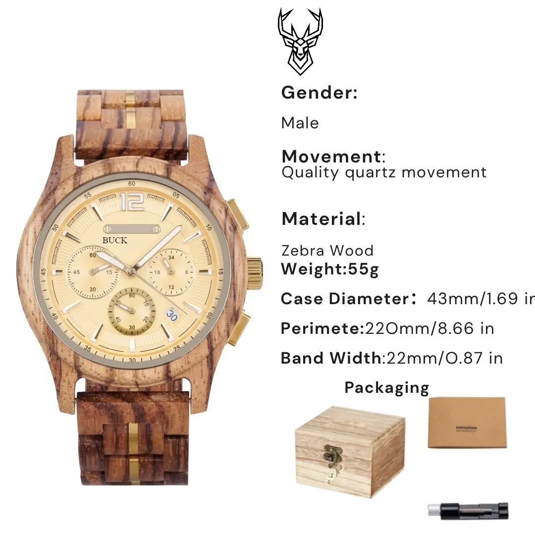 BUCK Men's Wooden Watch Quartz Luxury Wristwatch Clock Eco-Friendly Natural Wood Timepiece Gift for Him
