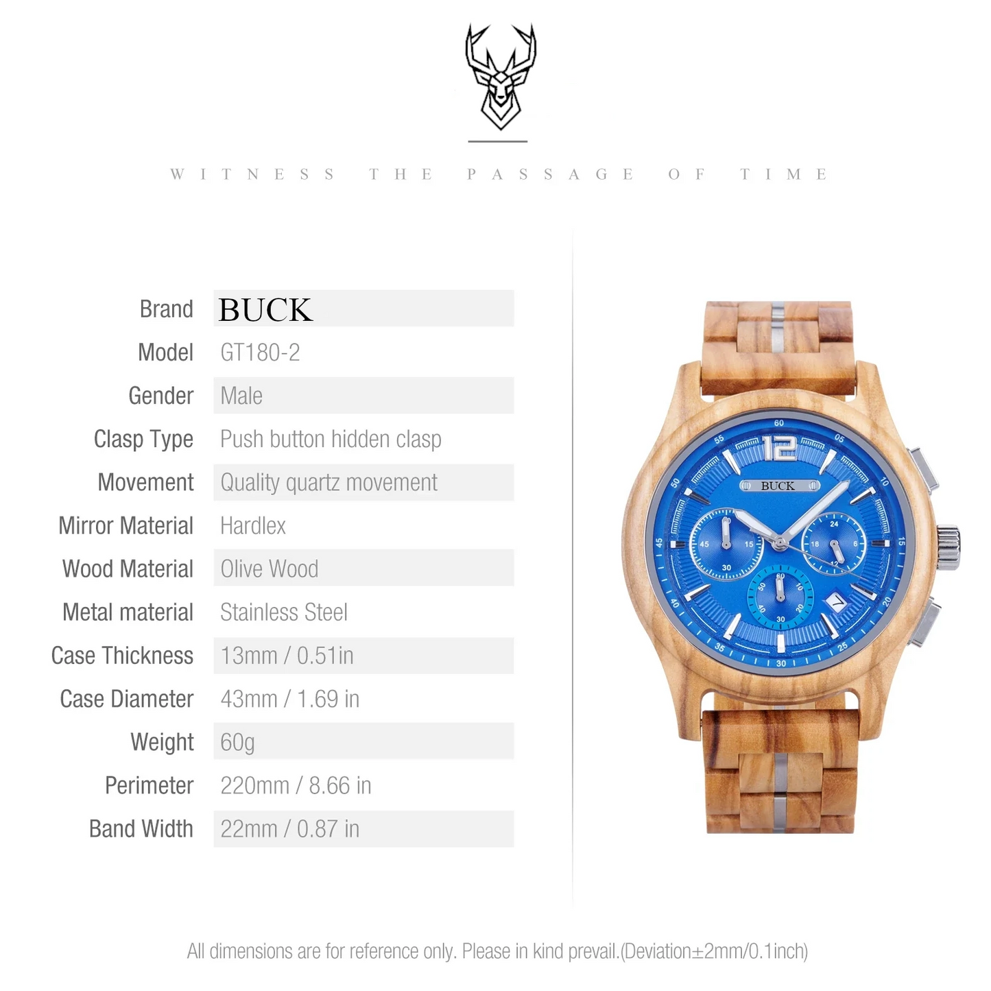 BUCK Men's Wooden Watch Quartz Luxury Wristwatch Clock Eco-Friendly Natural Wood Timepiece Gift for Him