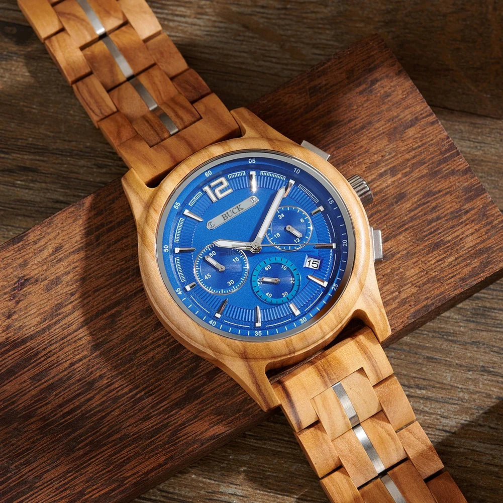 BUCK Men's Wooden Watch Quartz Luxury Wristwatch Clock Eco-Friendly Natural Wood Timepiece Gift for Him