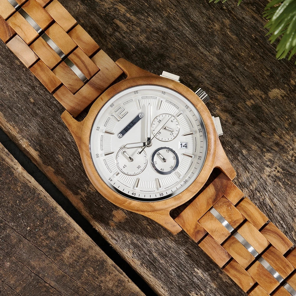 BUCK Men's Wooden Watch Quartz Luxury Wristwatch Clock Eco-Friendly Natural Wood Timepiece Gift for Him