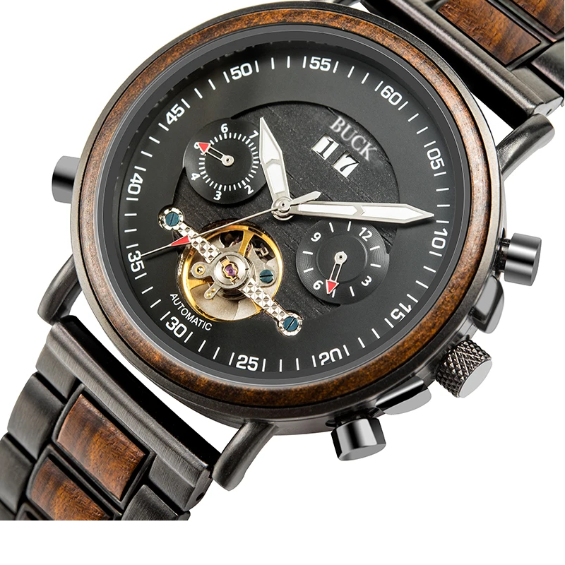 BUCK WATCHES Auto Mechanical Watches Men Women Wood Watch Luminous Hand Business Chronograph Timepiece In Gift Box erkek kol saati