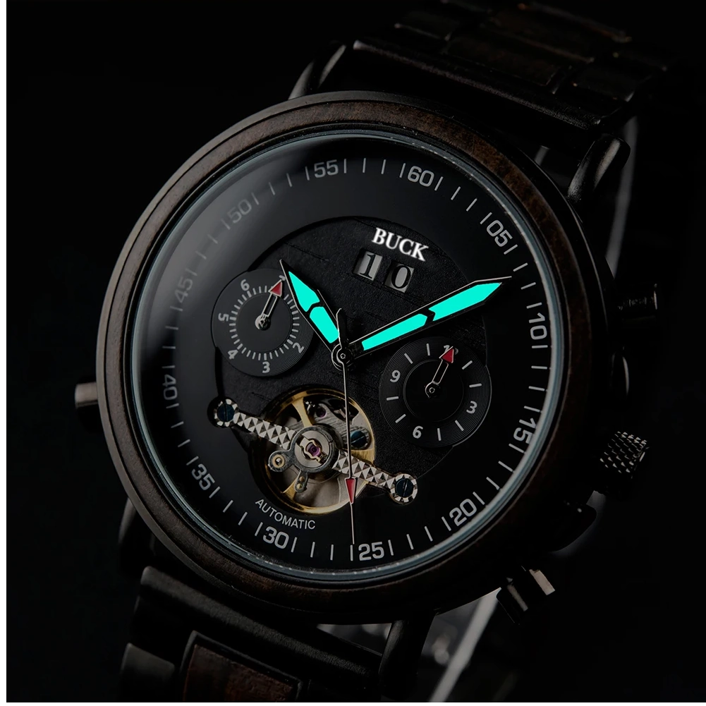 BUCK WATCHES Auto Mechanical Watches Men Women Wood Watch Luminous Hand Business Chronograph Timepiece In Gift Box erkek kol saati