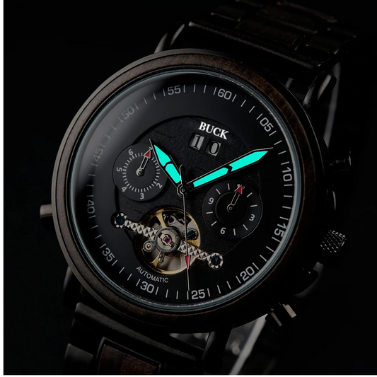 BUCK WATCHES Auto Mechanical Watches Men Women Wood Watch Luminous Hand Business Chronograph Timepiece In Gift Box erkek kol saati