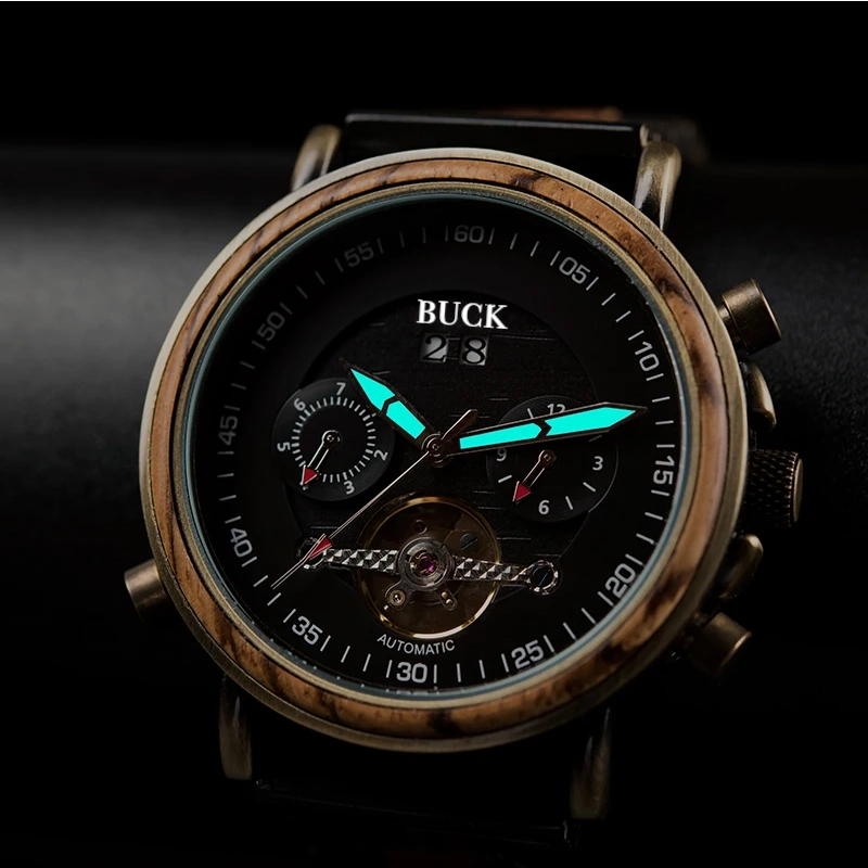 BUCK WATCHES Auto Mechanical Watches Men Women Wood Watch Luminous Hand Business Chronograph Timepiece In Gift Box erkek kol saati
