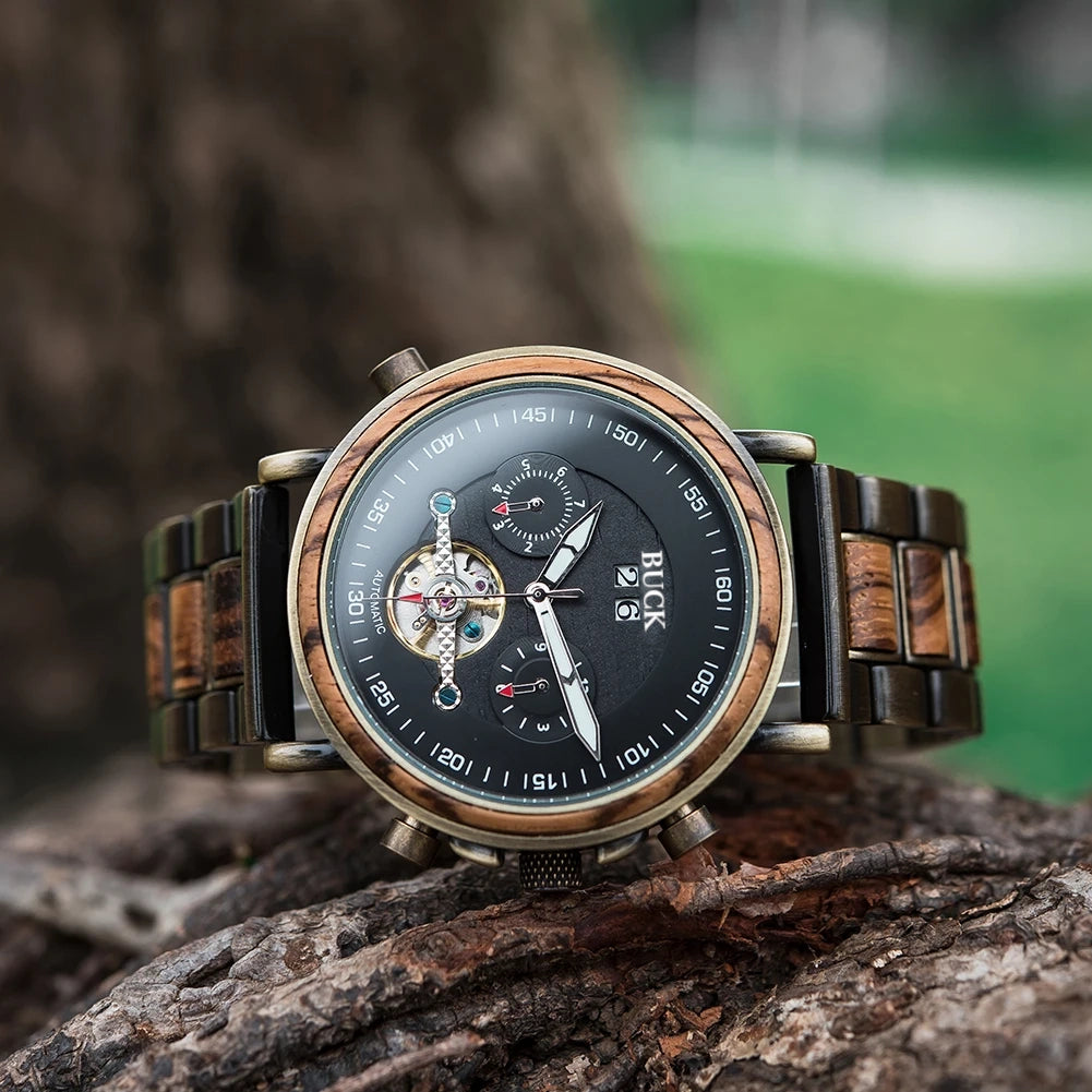 BUCK WATCHES Auto Mechanical Watches Men Women Wood Watch Luminous Hand Business Chronograph Timepiece In Gift Box erkek kol saati