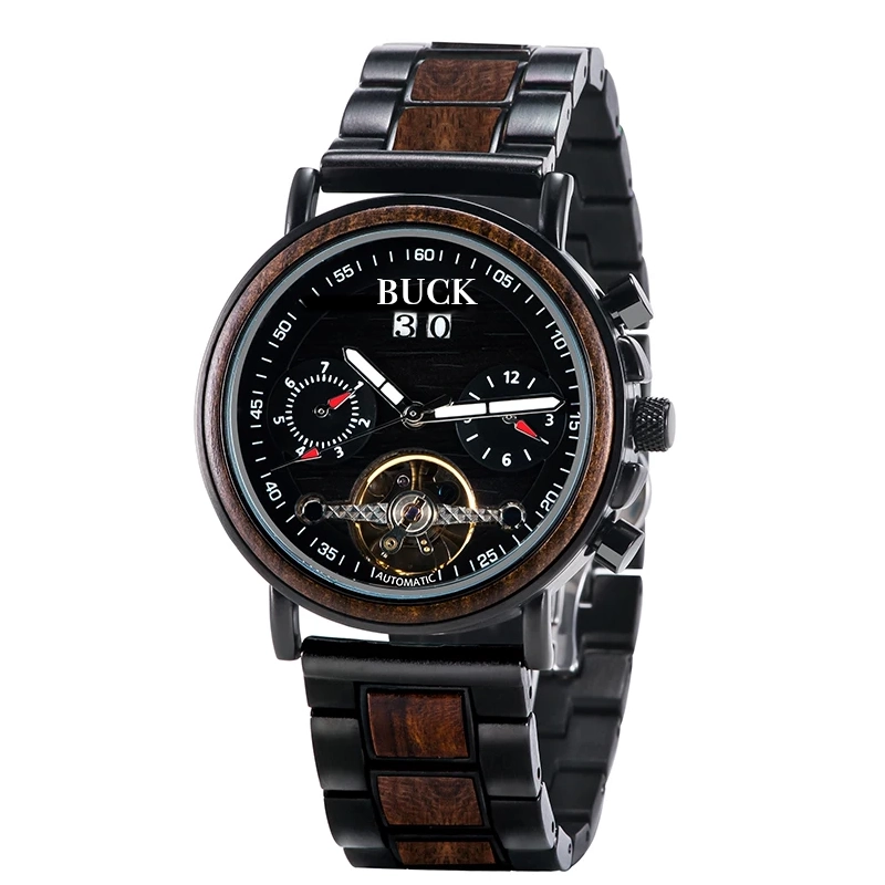 BUCK WATCHES Auto Mechanical Watches Men Women Wood Watch Luminous Hand Business Chronograph Timepiece In Gift Box erkek kol saati
