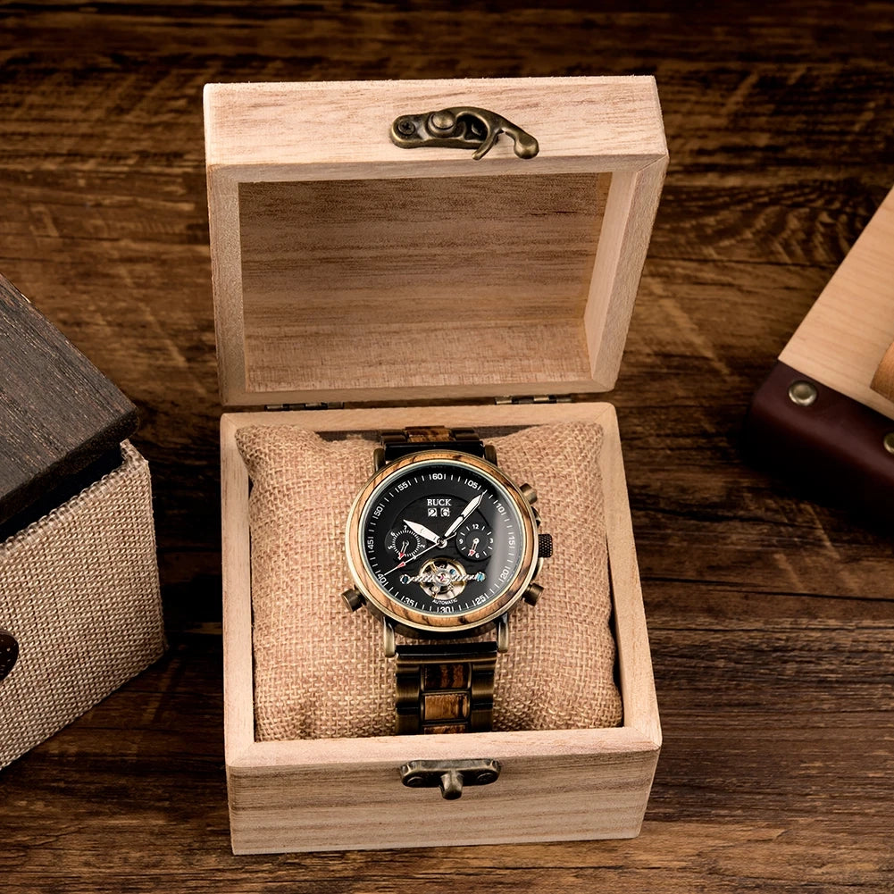 BUCK WATCHES Auto Mechanical Watches Men Women Wood Watch Luminous Hand Business Chronograph Timepiece In Gift Box erkek kol saati