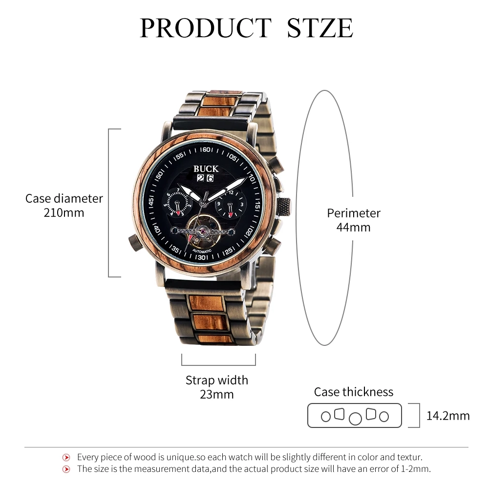 BUCK WATCHES Auto Mechanical Watches Men Women Wood Watch Luminous Hand Business Chronograph Timepiece In Gift Box erkek kol saati