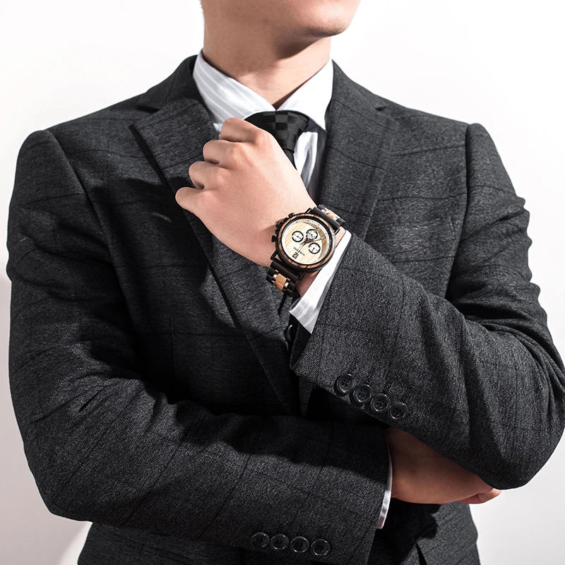 BUCK Wooden Watch Men Top Brand Luxury Stylish Chronograph Military Watches Wooden Box Logo Custom Great Gift reloj hombre