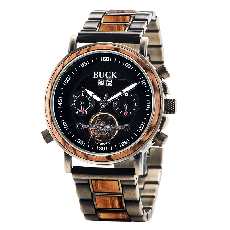 BUCK WATCHES Auto Mechanical Watches Men Women Wood Watch Luminous Hand Business Chronograph Timepiece In Gift Box erkek kol saati