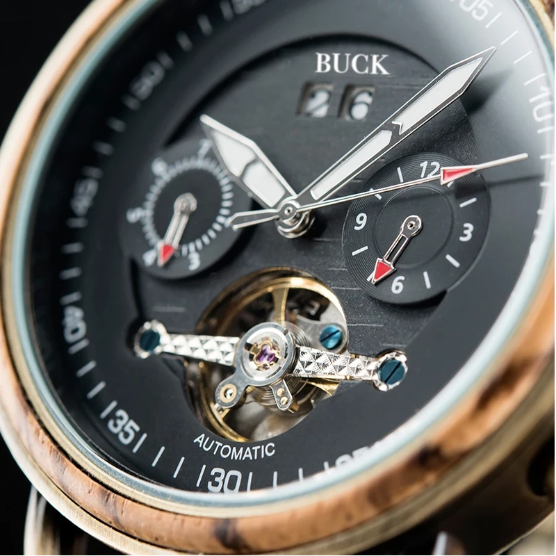BUCK WATCHES Auto Mechanical Watches Men Women Wood Watch Luminous Hand Business Chronograph Timepiece In Gift Box erkek kol saati