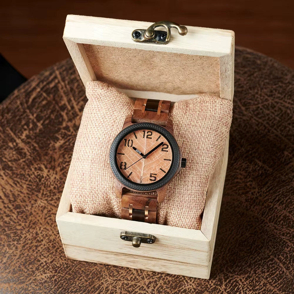 BUCK Men's Watches Unique Leaf Dial Design Wooden Wristwatch Quartz Watch for Men