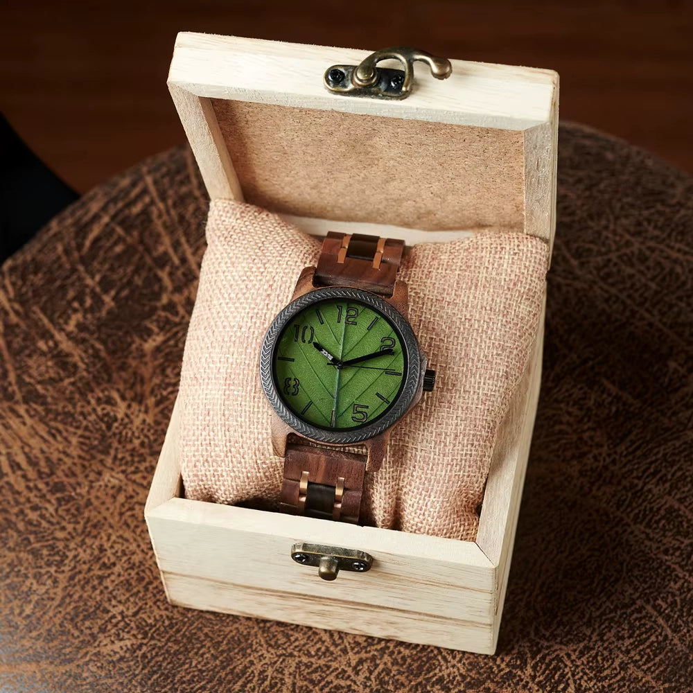 BUCK Men's Watches Unique Leaf Dial Design Wooden Wristwatch Quartz Watch for Men
