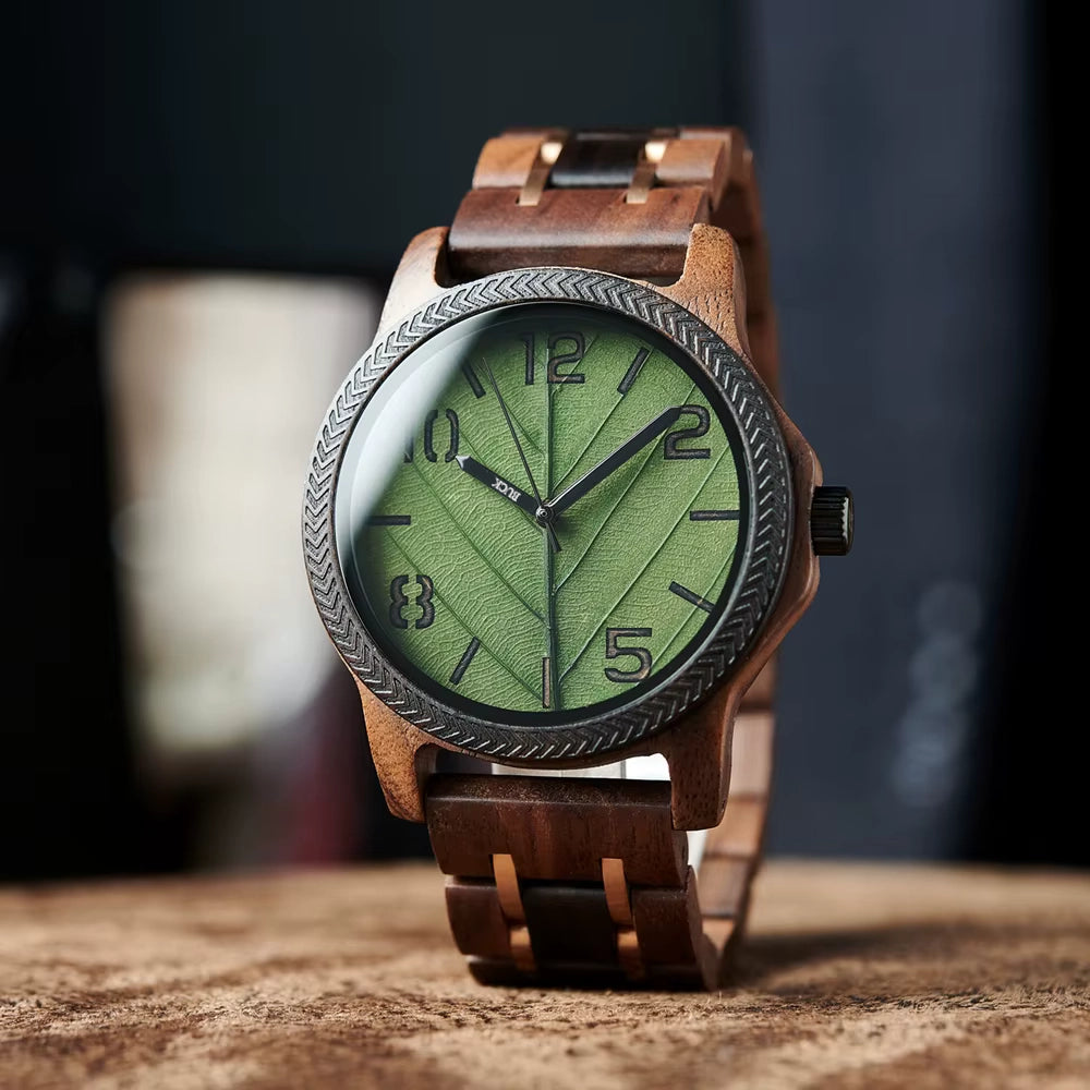 BUCK Men's Watches Unique Leaf Dial Design Wooden Wristwatch Quartz Watch for Men