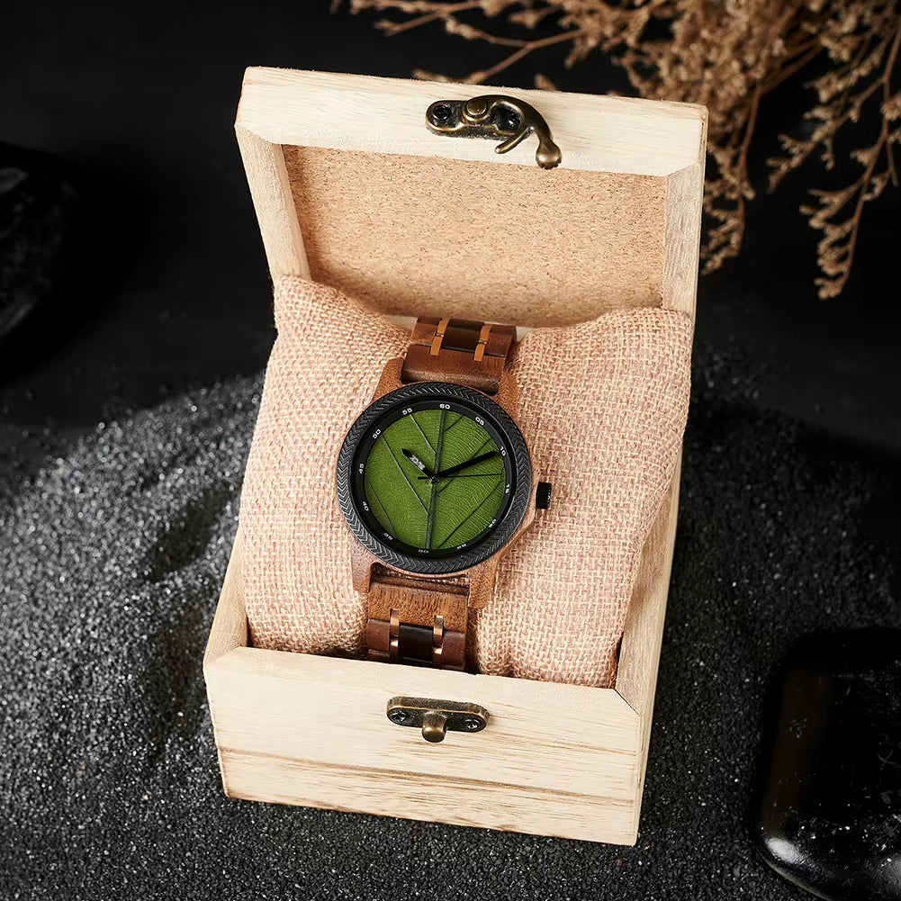 BUCK Men's Watches Unique Leaf Dial Design Wooden Wristwatch Quartz Watch for Men