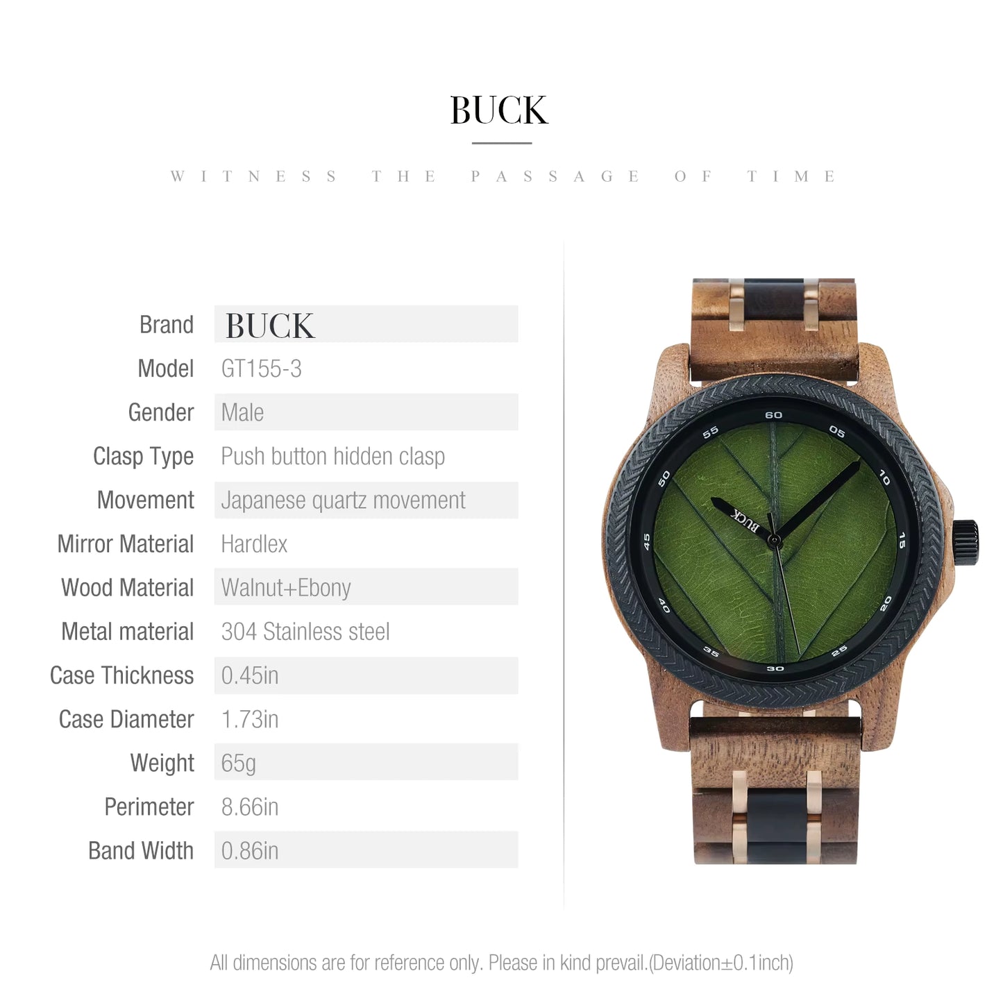 BUCK Men's Watches Unique Leaf Dial Design Wooden Wristwatch Quartz Watch for Men