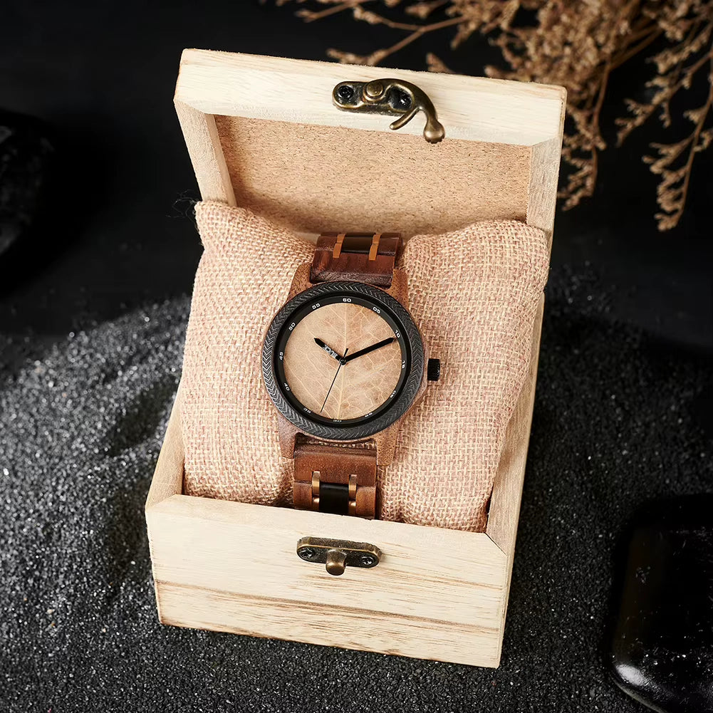 BUCK Men's Watches Unique Leaf Dial Design Wooden Wristwatch Quartz Watch for Men