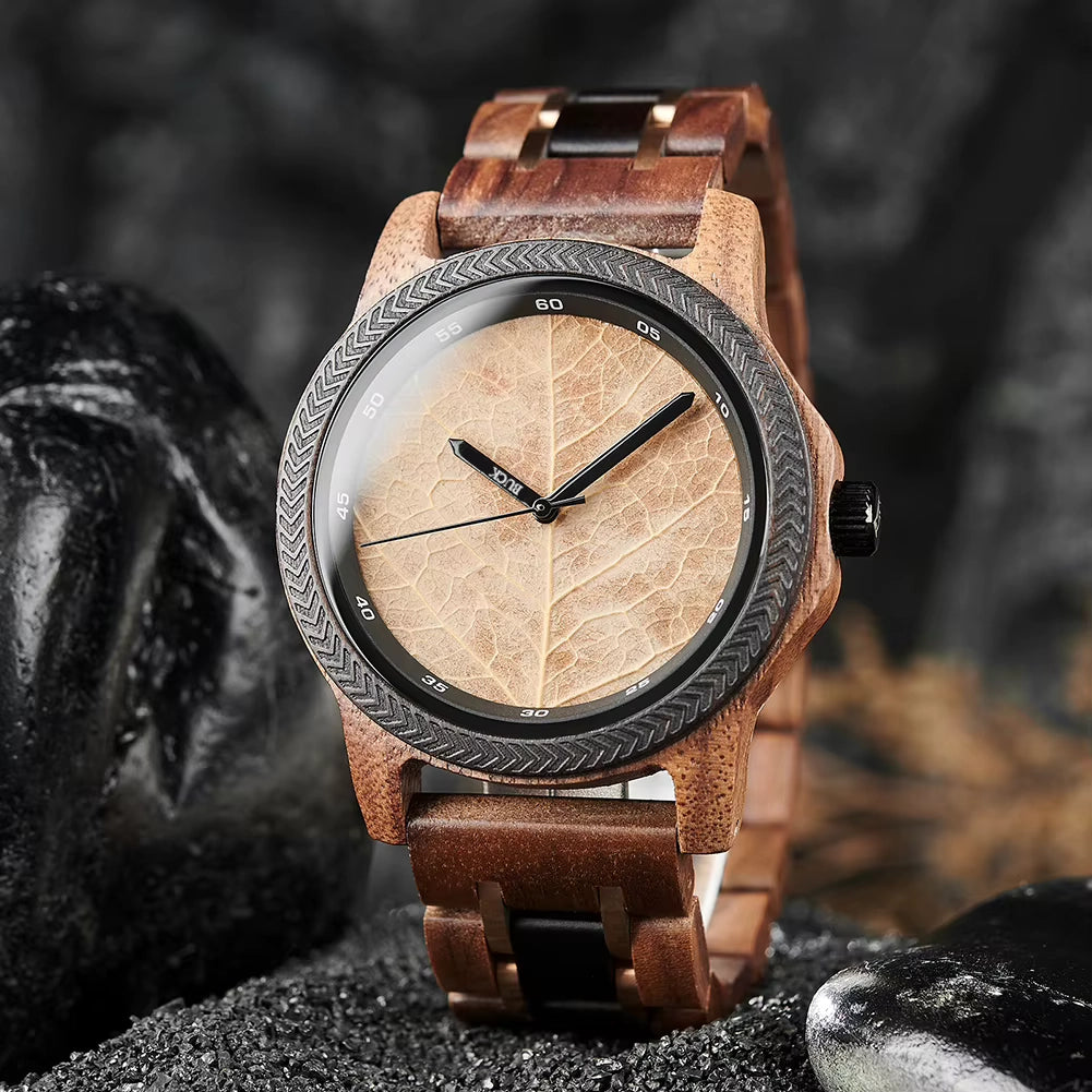 BUCK Men's Watches Unique Leaf Dial Design Wooden Wristwatch Quartz Watch for Men