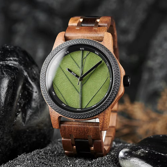 BUCK Men's Watches Unique Leaf Dial Design Wooden Wristwatch Quartz Watch for Men
