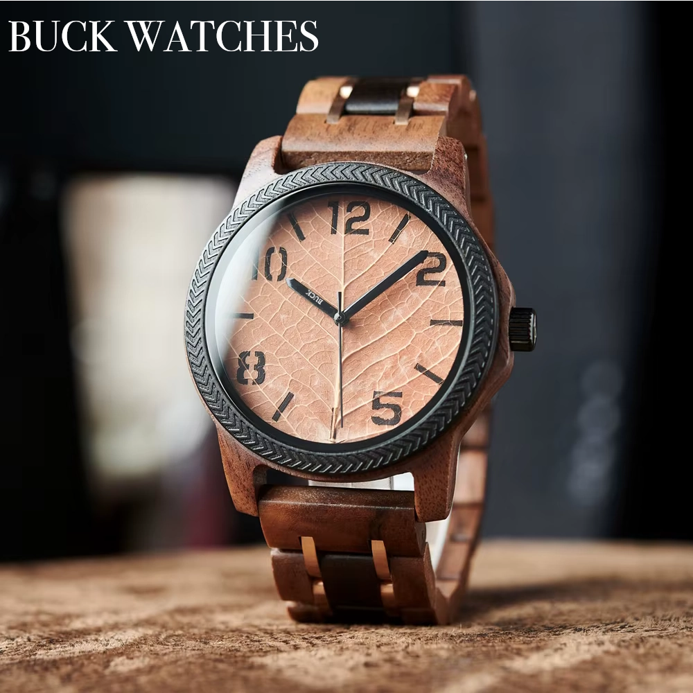 BUCK Men's Watches Unique Leaf Dial Design Wooden Wristwatch Quartz Watch for Men