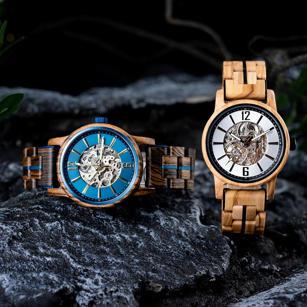 BUCK New Mechanical Watches for Men Real Wood Luxury Skeleton Automatic Watch  Man Gift for Xmas relojes mecánicos