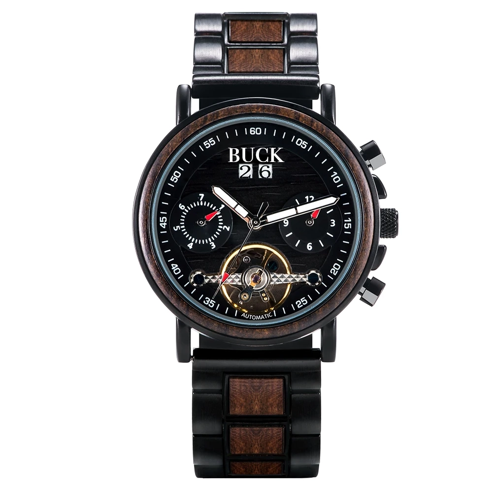 BUCK WATCHES Auto Mechanical Watches Men Women Wood Watch Luminous Hand Business Chronograph Timepiece In Gift Box erkek kol saati
