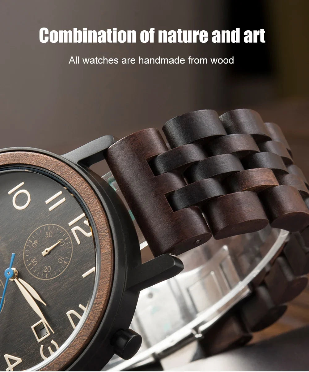 Relogio Masculino BUCK Wooden Men Watch 43 mm Top Luxury Brand Japanese Movement VD51 Quartz Watches