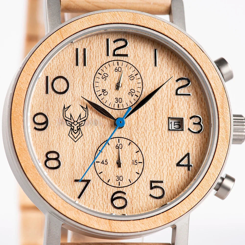 Relogio Masculino BUCK Wooden Men Watch 43 mm Top Luxury Brand Japanese Movement VD51 Quartz Watches