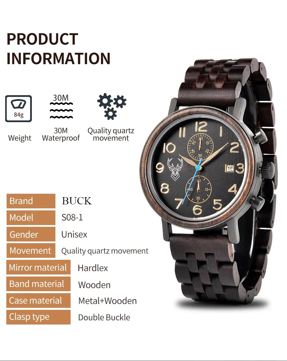 Relogio Masculino BUCK Wooden Men Watch 43 mm Top Luxury Brand Japanese Movement VD51 Quartz Watches