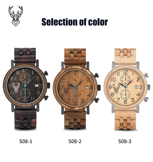 Relogio Masculino BUCK Wooden Men Watch 43 mm Top Luxury Brand Japanese Movement VD51 Quartz Watches