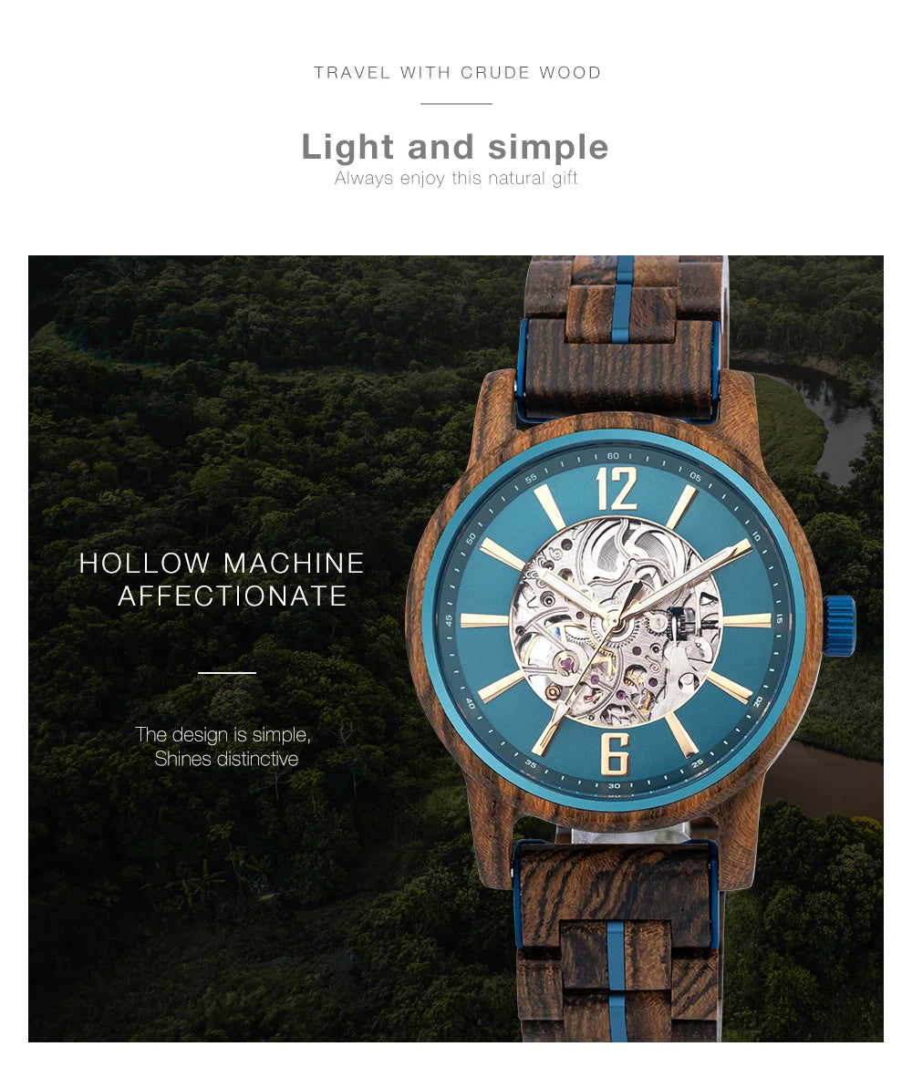 BUCK New Mechanical Watches for Men Real Wood Luxury Skeleton Automatic Watch  Man Gift for Xmas relojes mecánicos