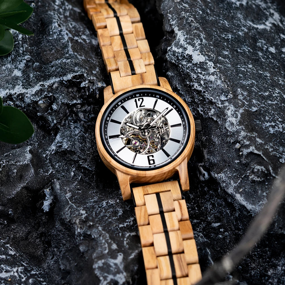 BUCK New Mechanical Watches for Men Real Wood Luxury Skeleton Automatic Watch  Man Gift for Xmas relojes mecánicos