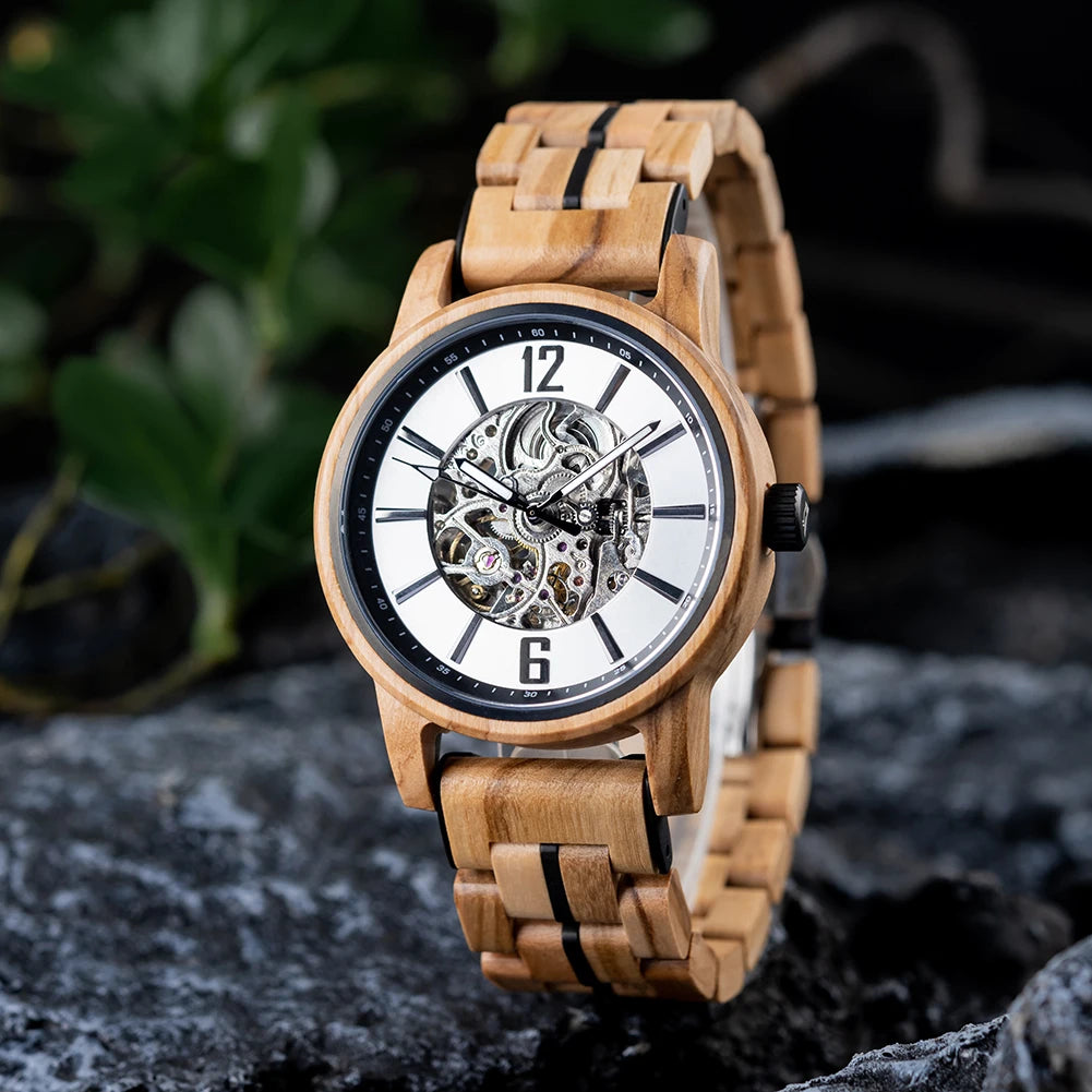 BUCK New Mechanical Watches for Men Real Wood Luxury Skeleton Automatic Watch  Man Gift for Xmas relojes mecánicos
