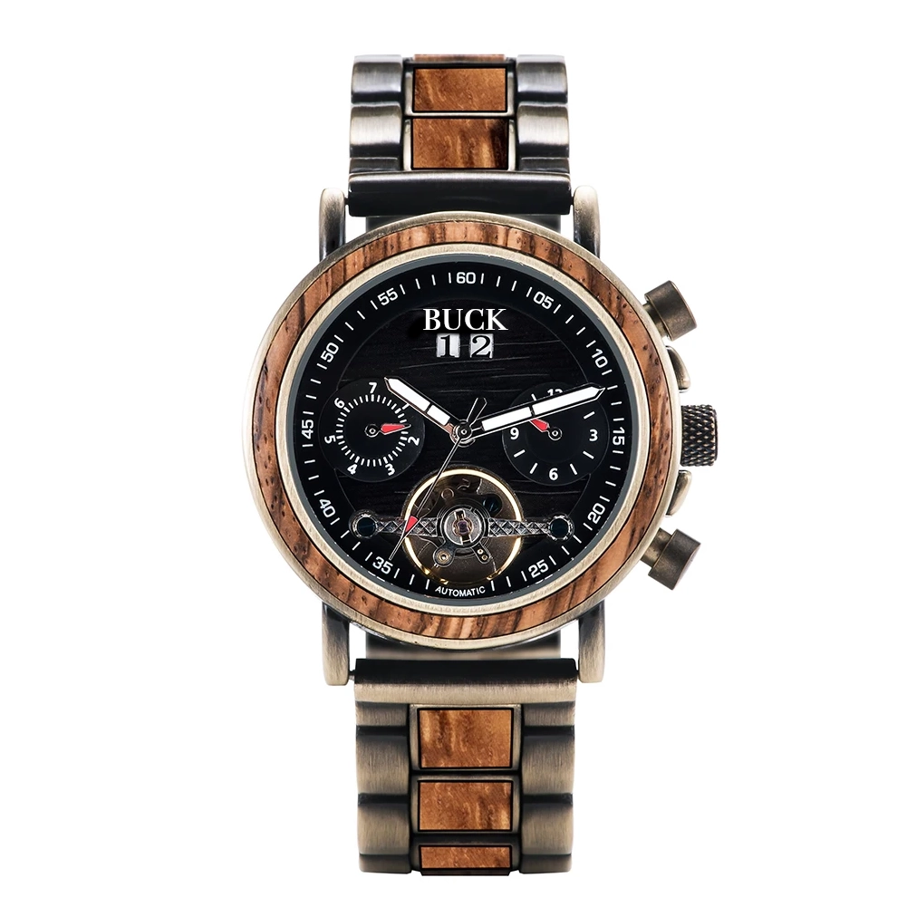 BUCK WATCHES Auto Mechanical Watches Men Women Wood Watch Luminous Hand Business Chronograph Timepiece In Gift Box erkek kol saati