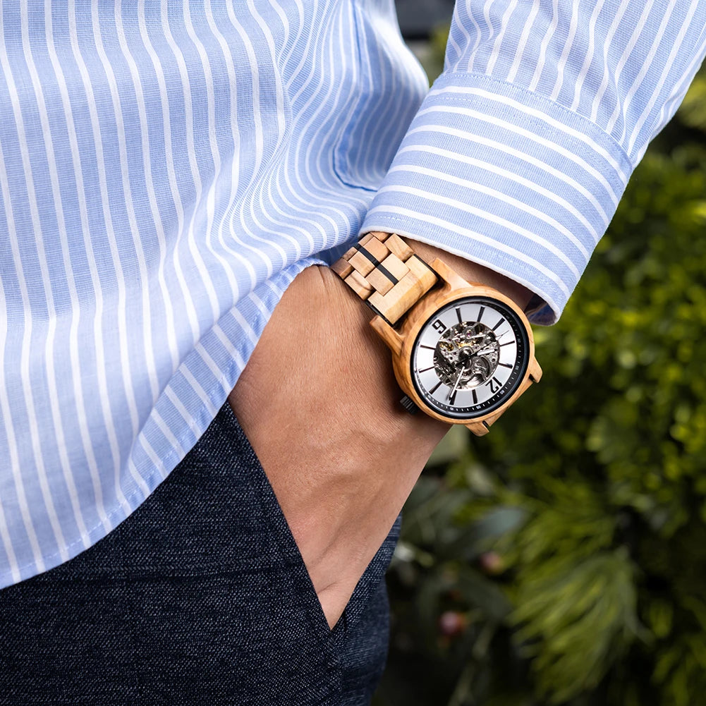 BUCK New Mechanical Watches for Men Real Wood Luxury Skeleton Automatic Watch  Man Gift for Xmas relojes mecánicos