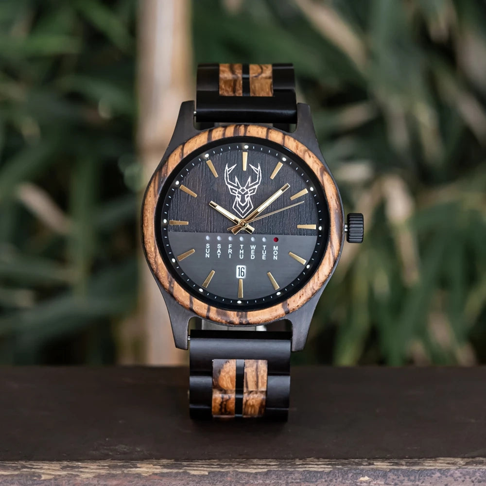 BUCK WATCHES Men's Watches Niche Wooden Wristwatch Unique Quartz Watch for Men Week & Date Display