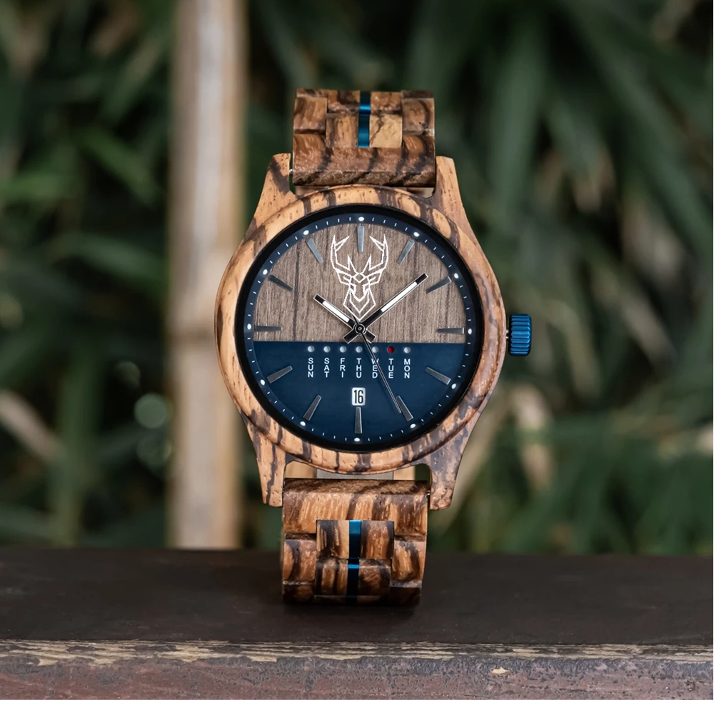 BUCK WATCHES Men's Watches Niche Wooden Wristwatch Unique Quartz Watch for Men Week & Date Display
